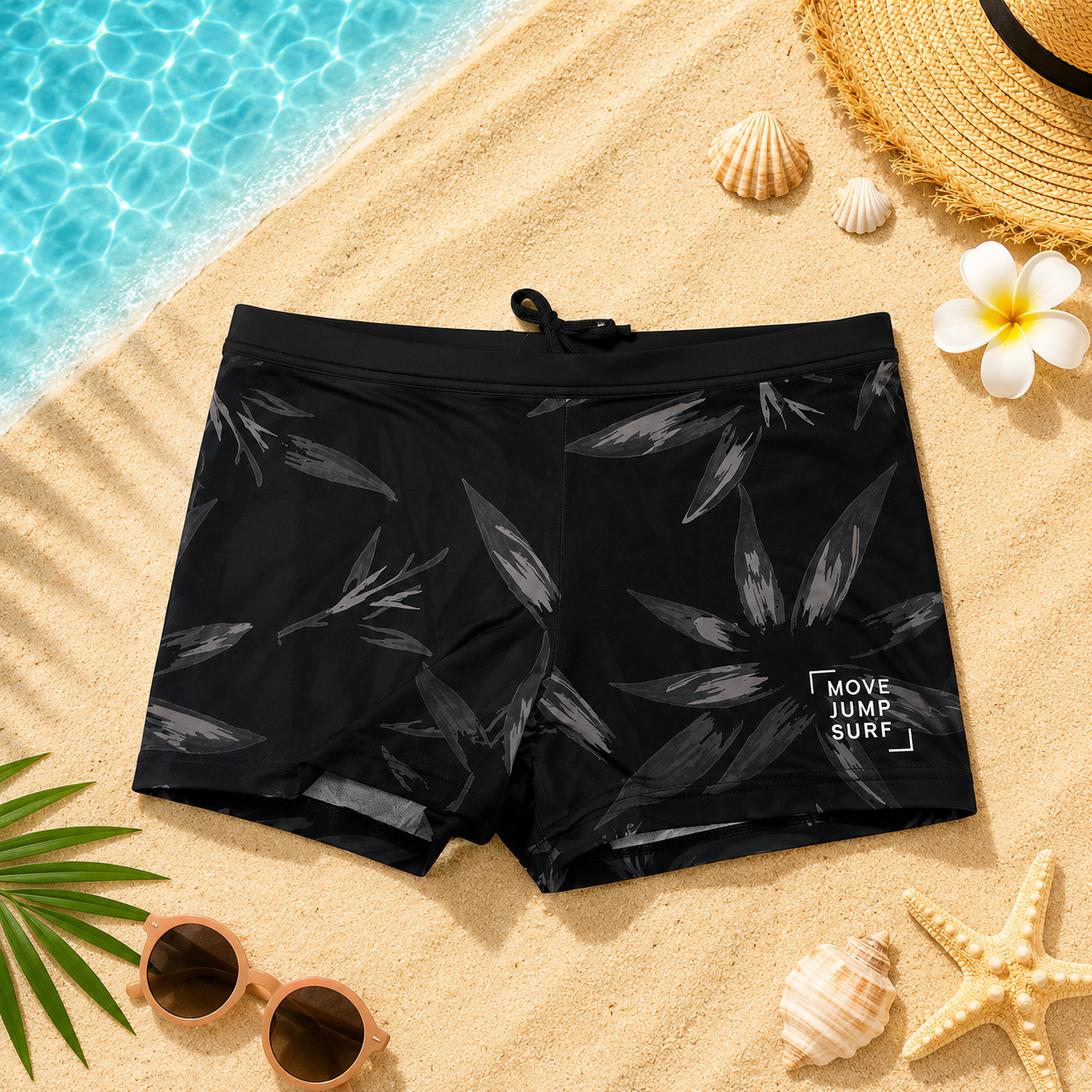 Boxer de bain enfant Move Jump Surf – Noir et Motifs Palmier