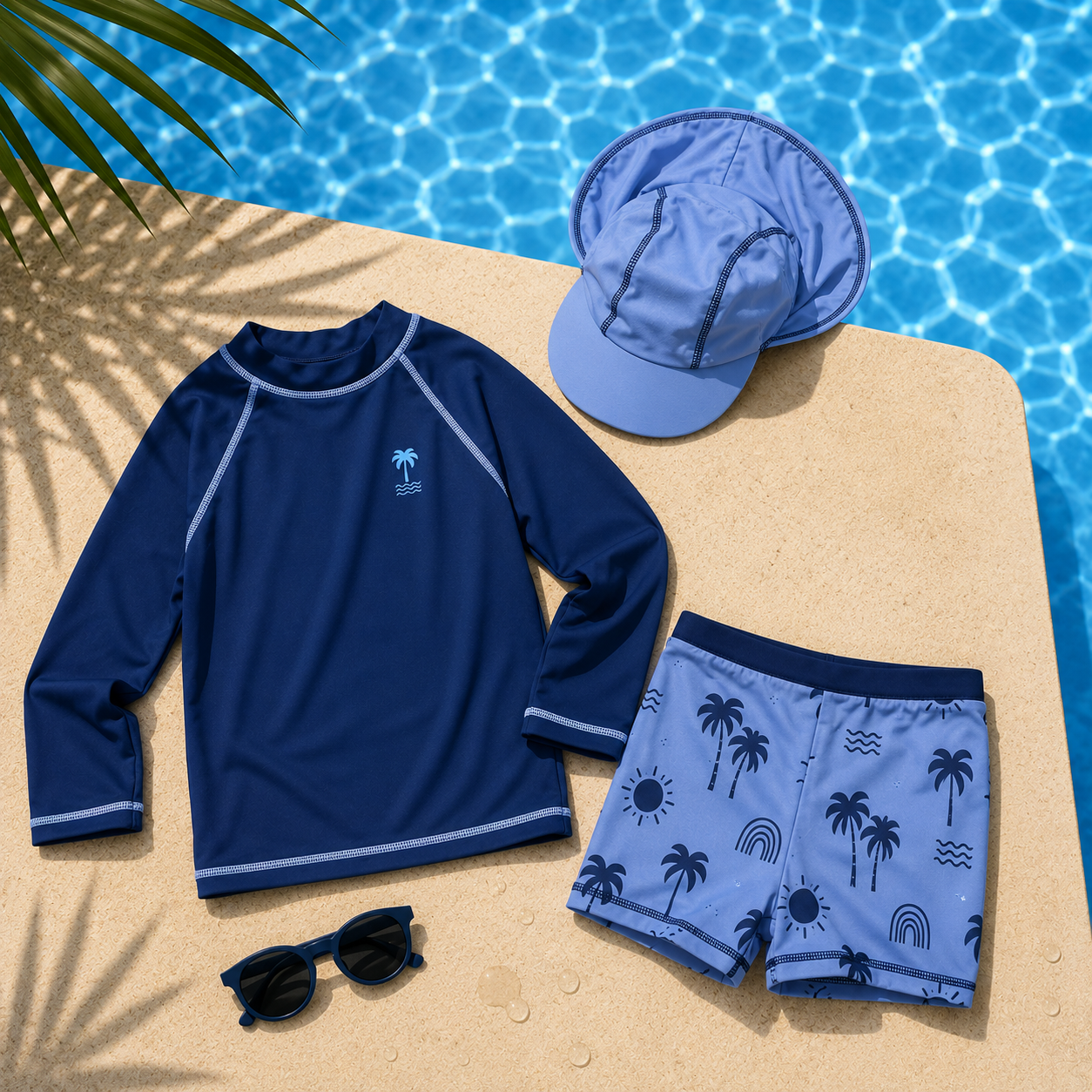 Ensemble de bain anti-UV enfant 3 pièces – T-shirt manches longues, Boxer et Casquette légionnaire – Bleu Marine et Motifs Palmiers