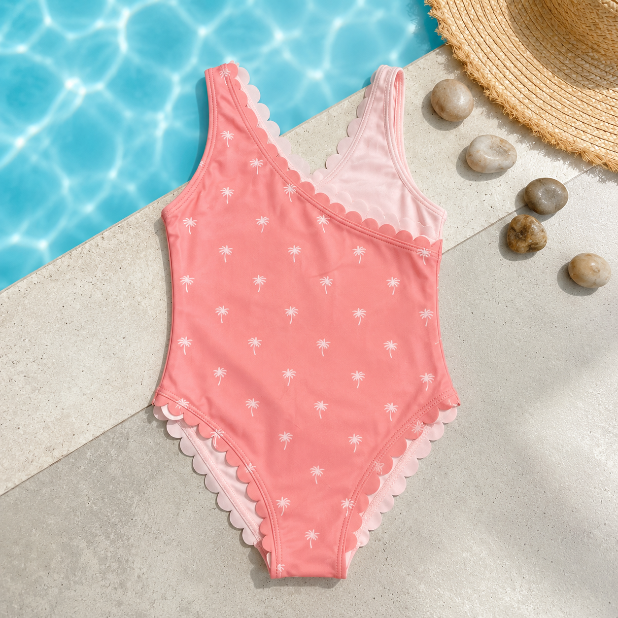 Maillot de Bain Une Pièce Rose à Motifs Palmiers et Bordures Festonnées pour Fille