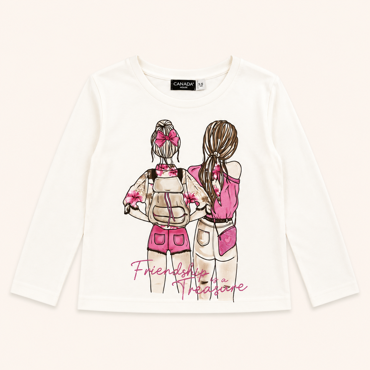 T-shirt manches longues écru imprimé « Friendship is a treasure »