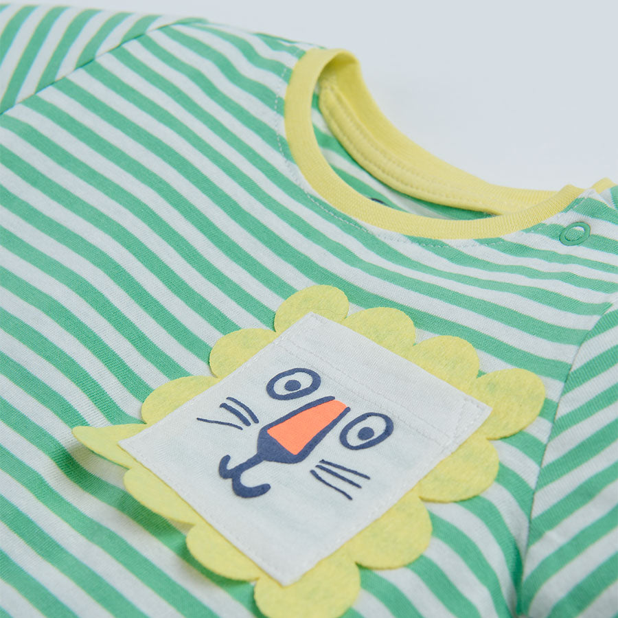 T-shirt Rayé Vert et Blanc avec Poche Lion – Collection Bébé Cool Club