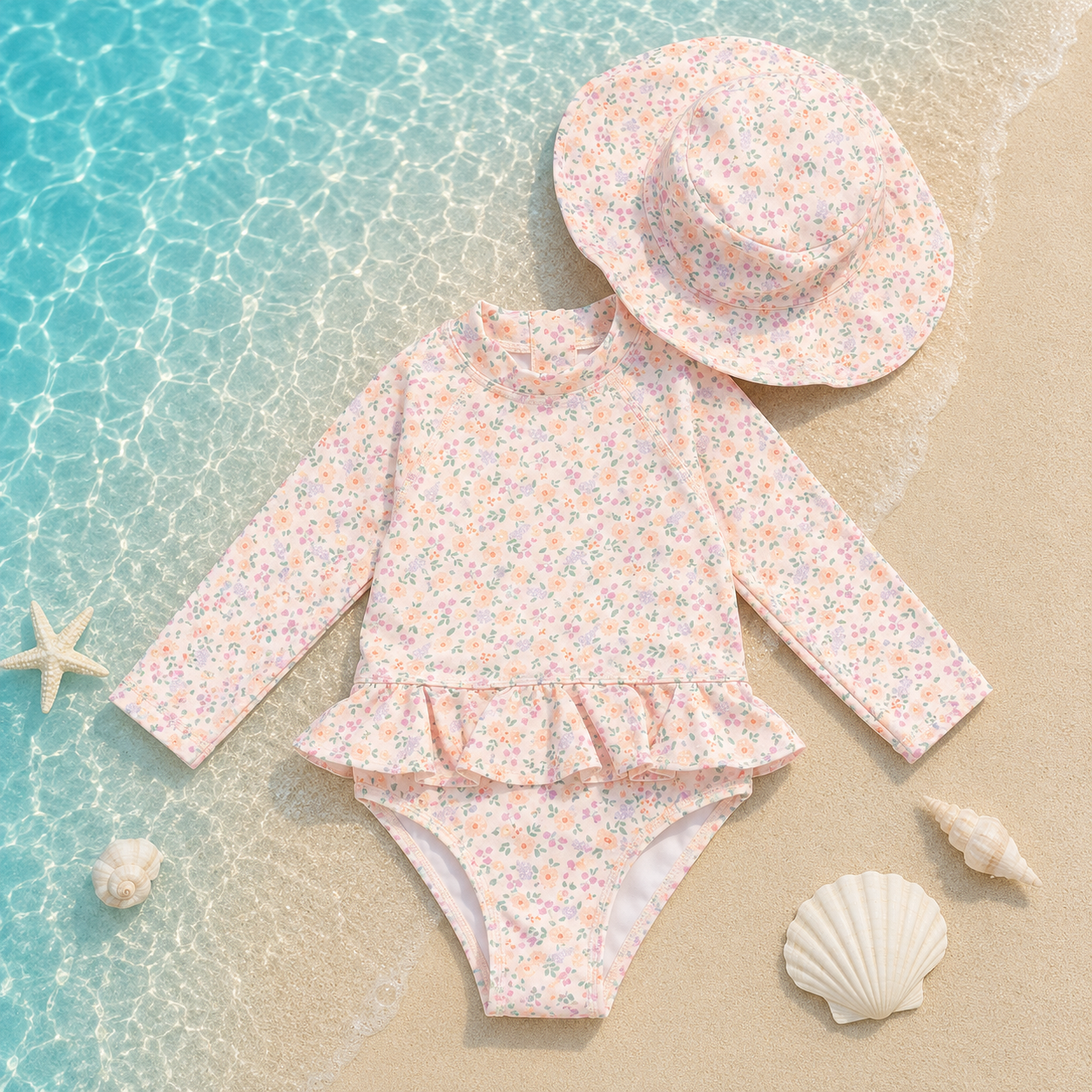 Ensemble de bain anti-UV fille 2 pièces – Maillot manches longues à volants et Chapeau assorti – Imprimé Liberty Pastel