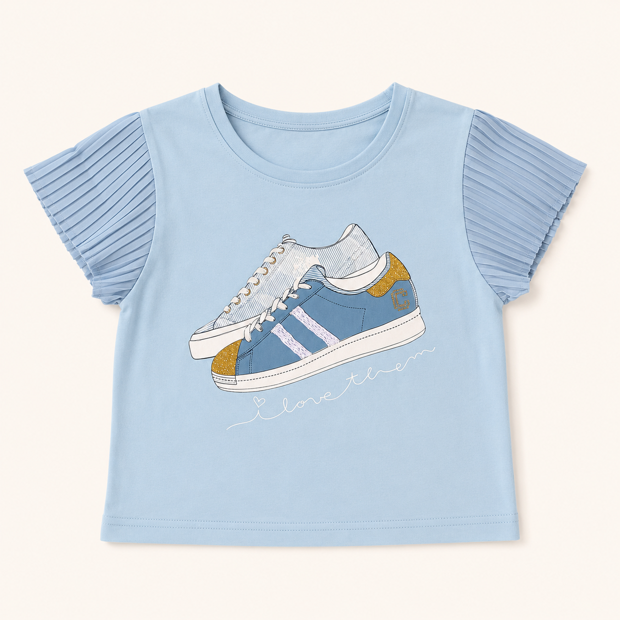 T-shirt bleu pastel imprimé baskets pailletées