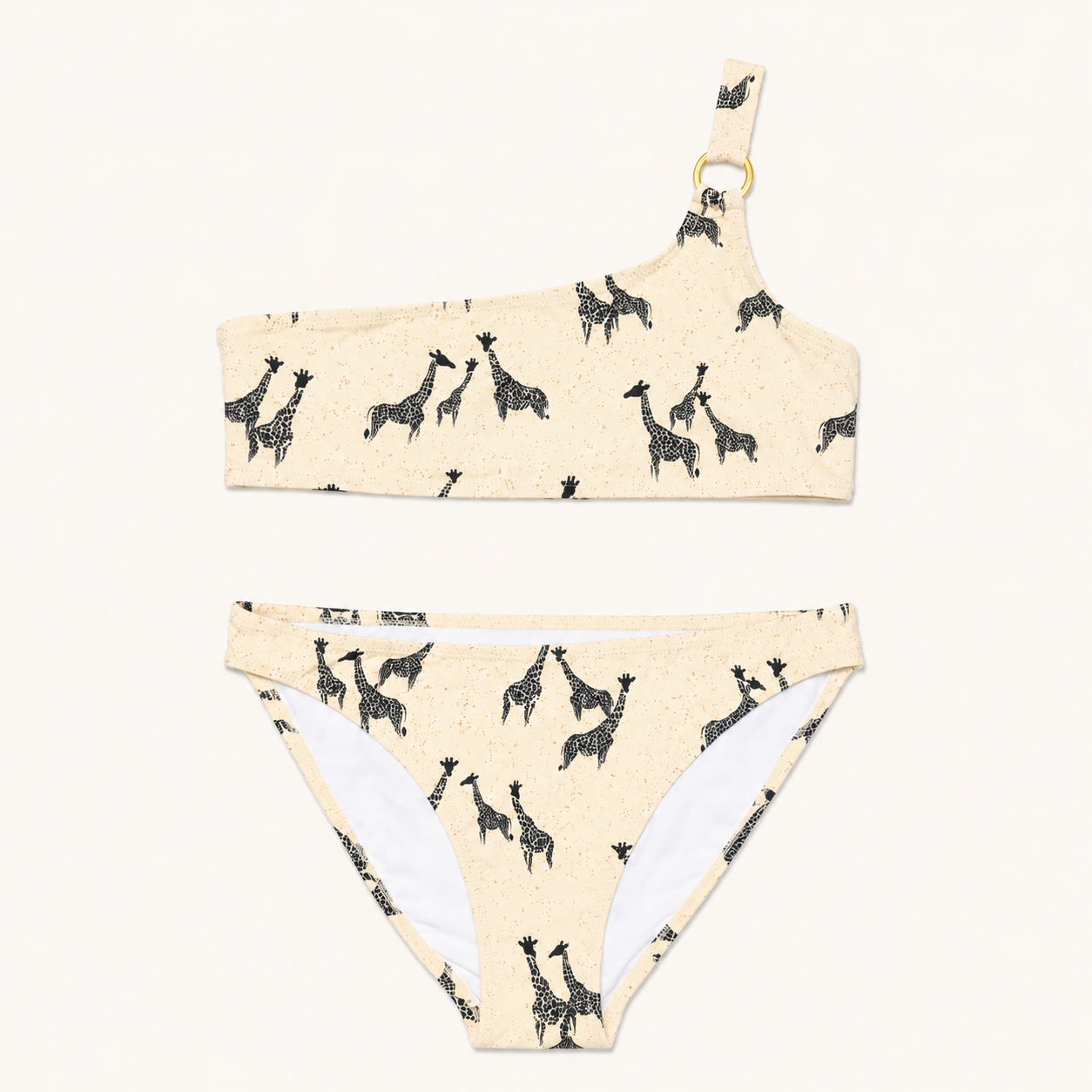 Maillot de bain 2 pièces fille asymétrique Motifs Girafes – Crème et Noir