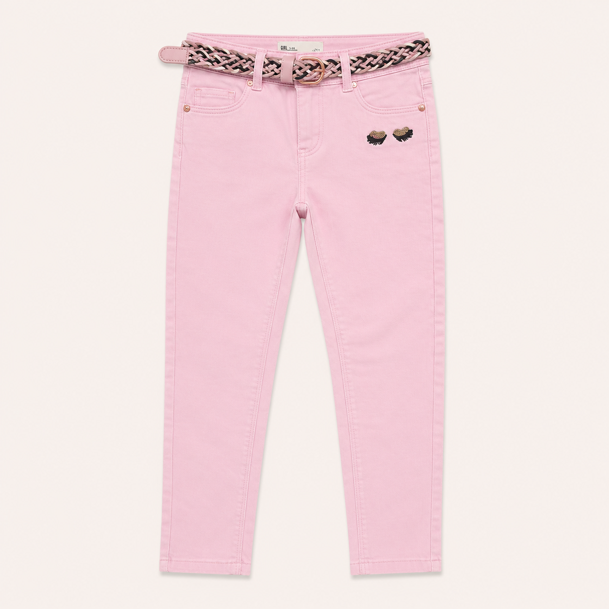 Pantalon slim rose bonbon avec ceinture tressée et broderie yeux – Orchestra