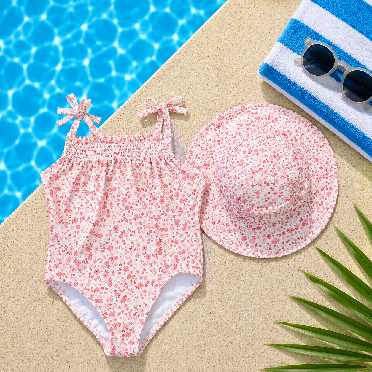 Ensemble maillot de bain 1 pièce et chapeau fille imprimé fleuri rose