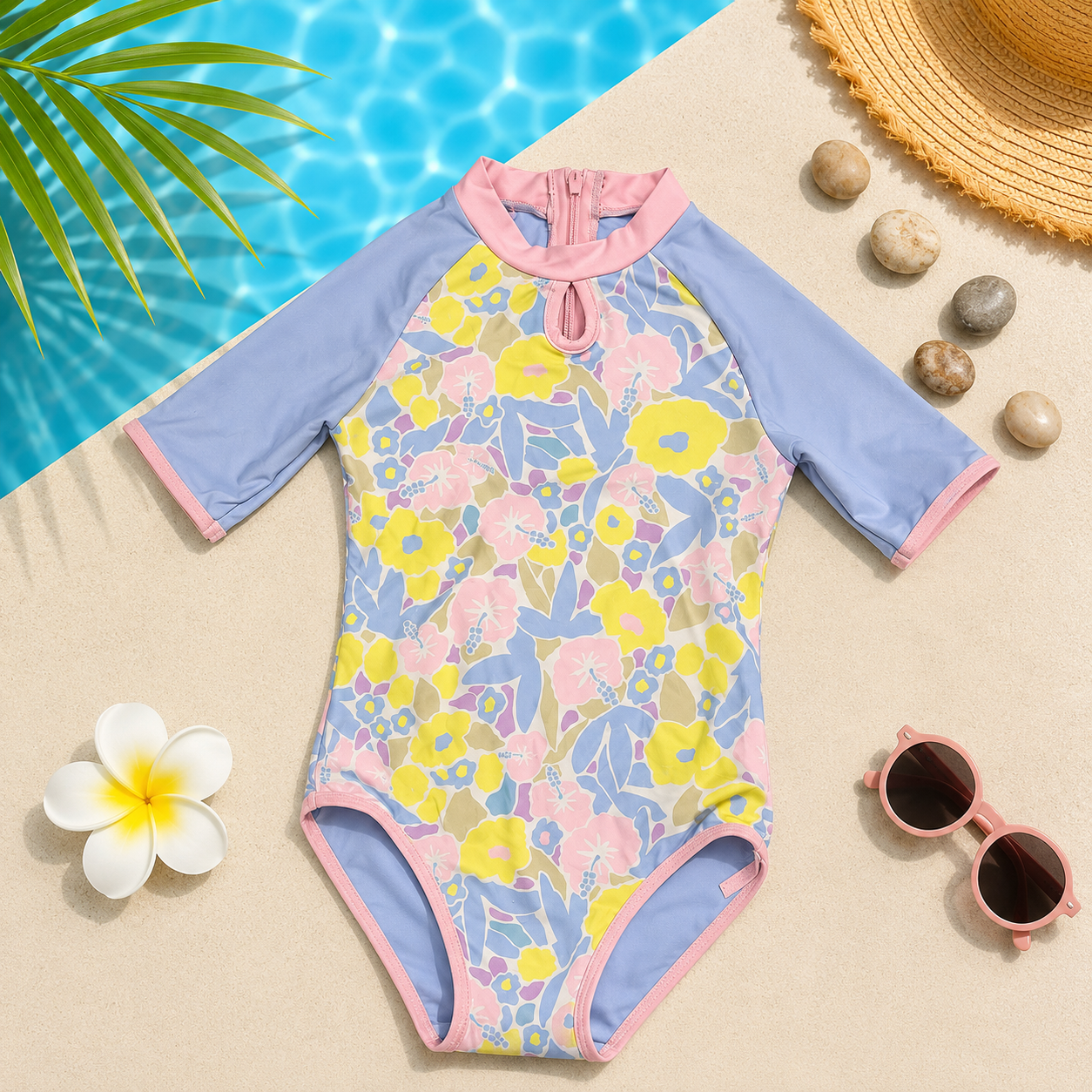 Maillot de Bain Une Pièce Anti-UV Fille – Combinaison de Bain Fleurie à Manches Courtes