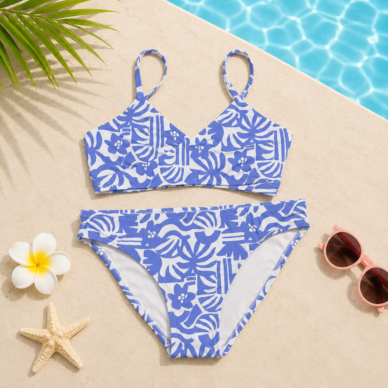 Maillot de Bain Deux Pièces Fille – Bikini Bleu et Blanc à Motif Floral et Tropical