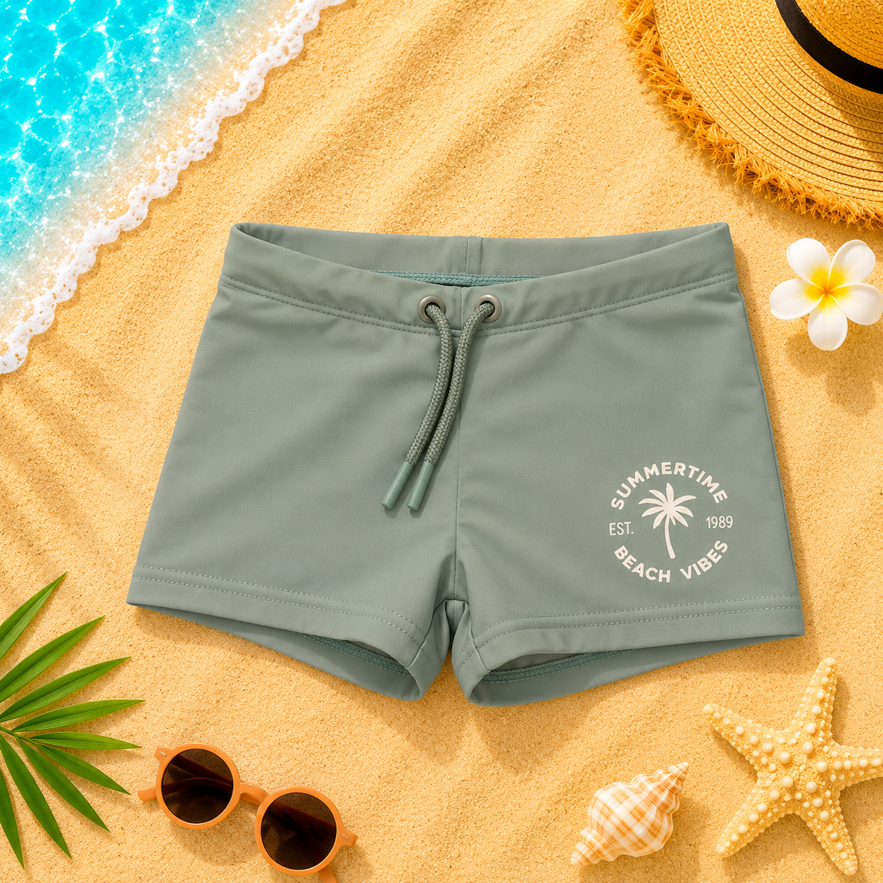 Maillot de bain type boxer garçon vert pastel imprimé plage exotique