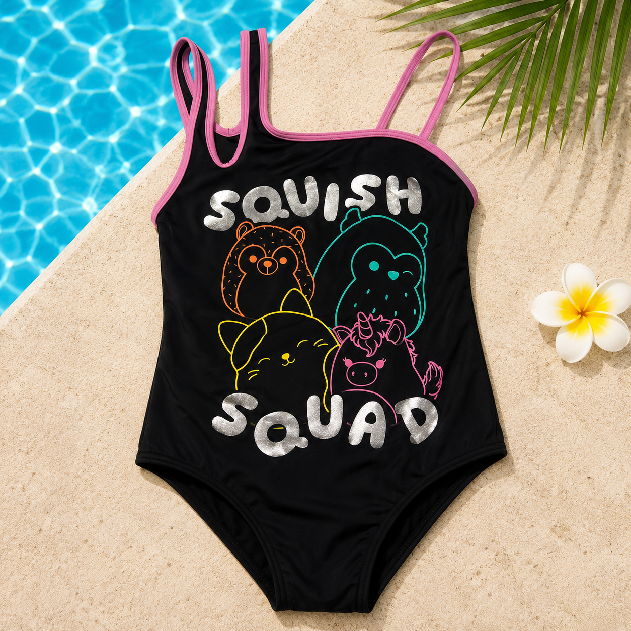 Maillot de bain 1 pièce fille Squish Squad asymétrique – Noir et Rose