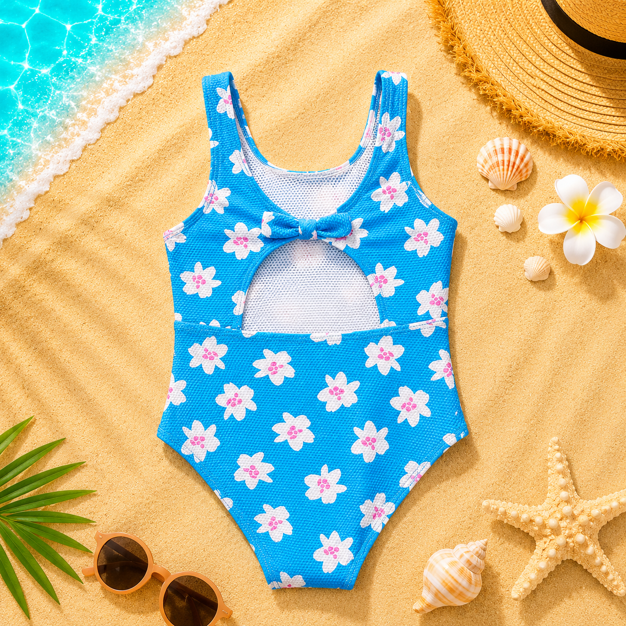 Maillot de bain 1 pièce fille gaufré à fleurs – Bleu Turquoise