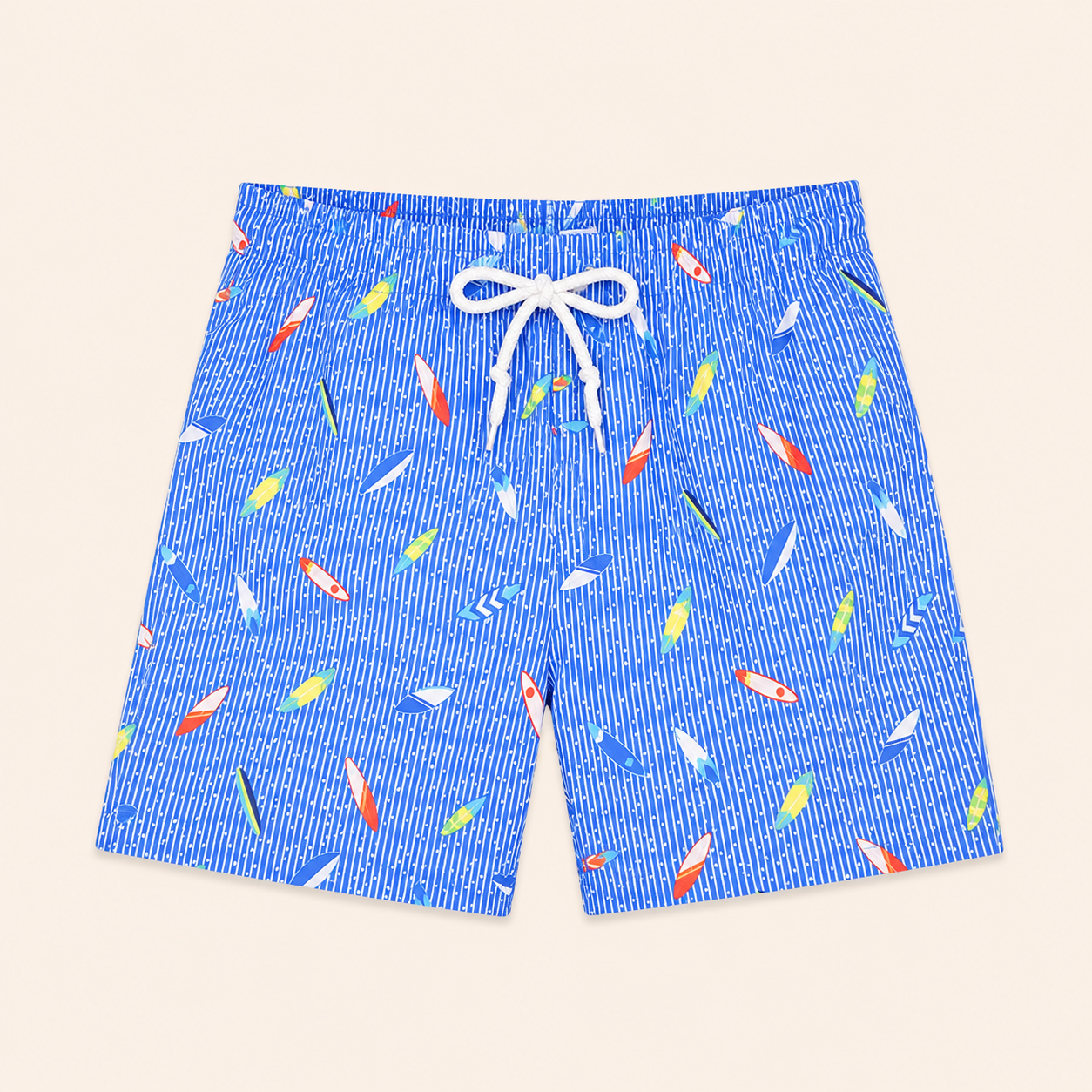 Short de bain garçon Energiers – Bleu à fines rayures et planches de surf