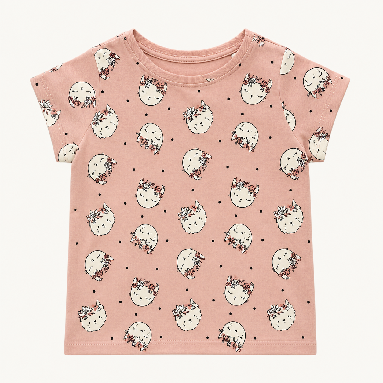 T-shirt Rose Motif Têtes de Chats et Couronnes de Fleurs Fille
