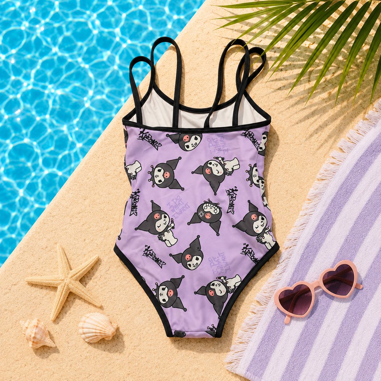 Maillot de bain une pièce enfant Kuromi Sanrio violet pastel goth-kawaï