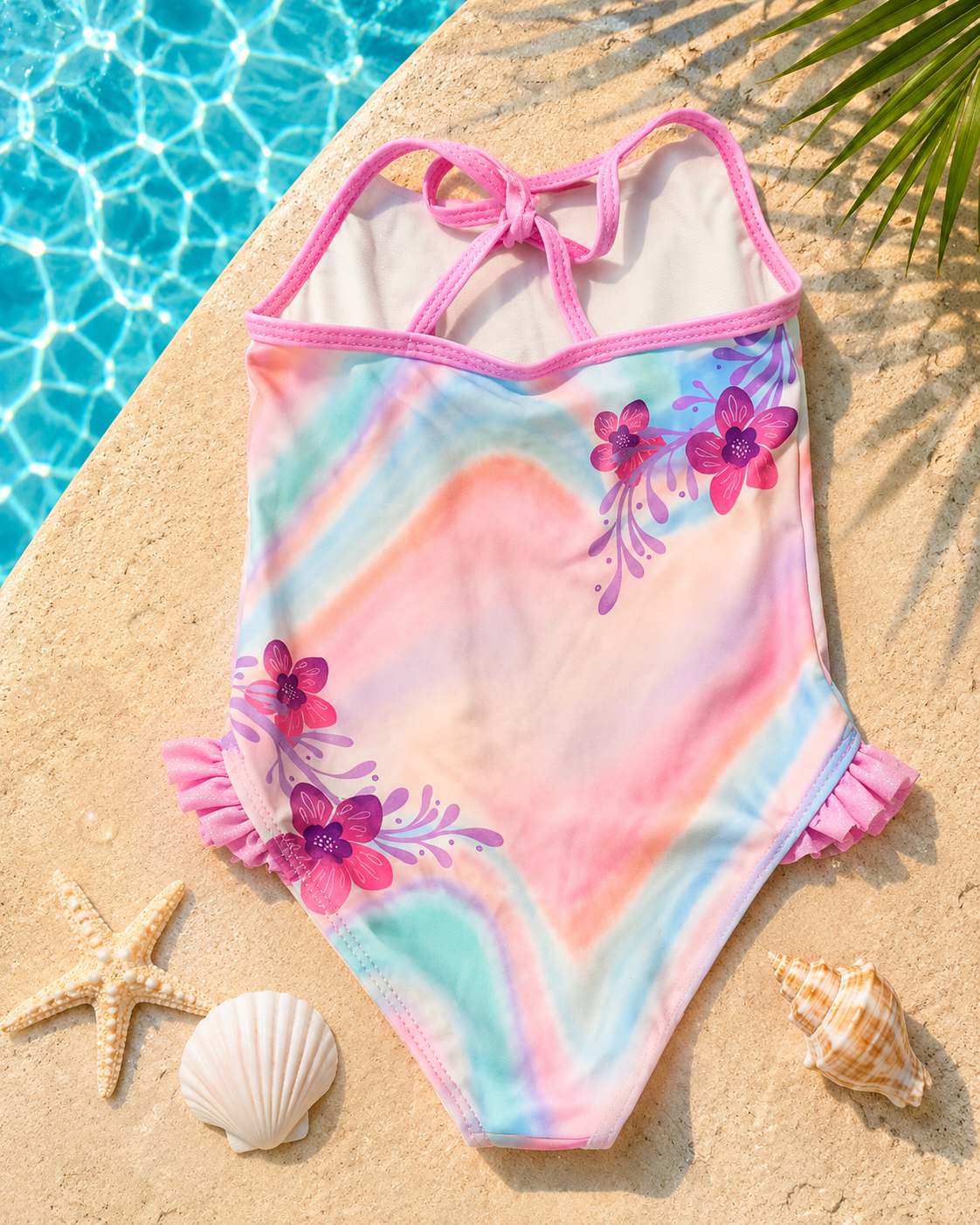 Maillot de bain 1 pièce fille motif sirène et volants