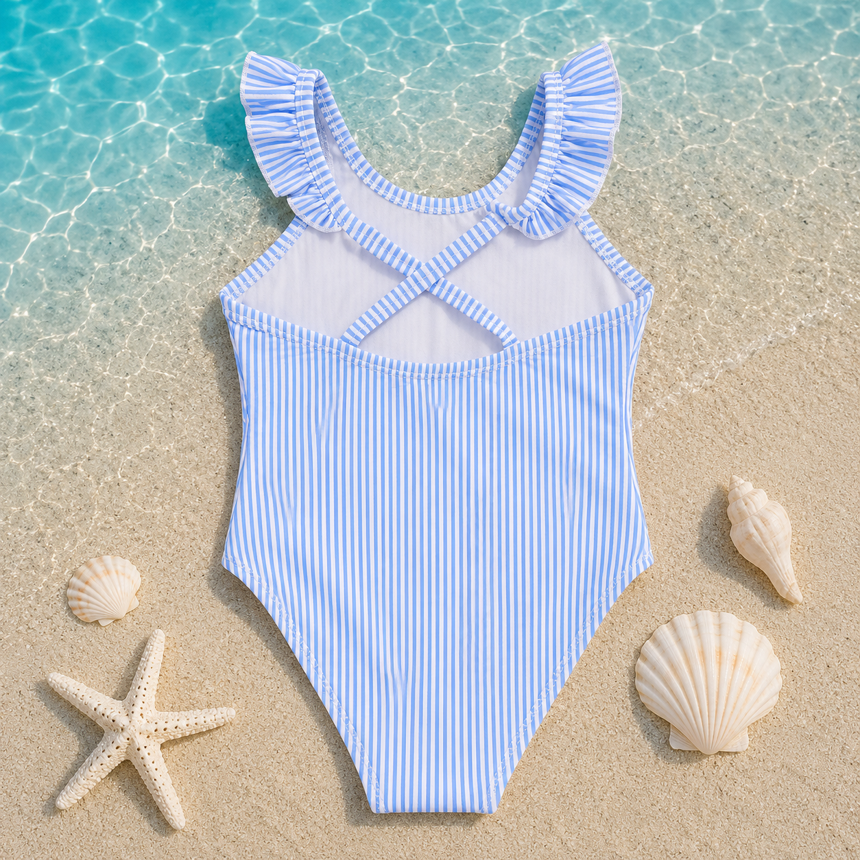 Maillot de bain 1 pièce fille marinière à volants – Bleu Ciel et Blanc