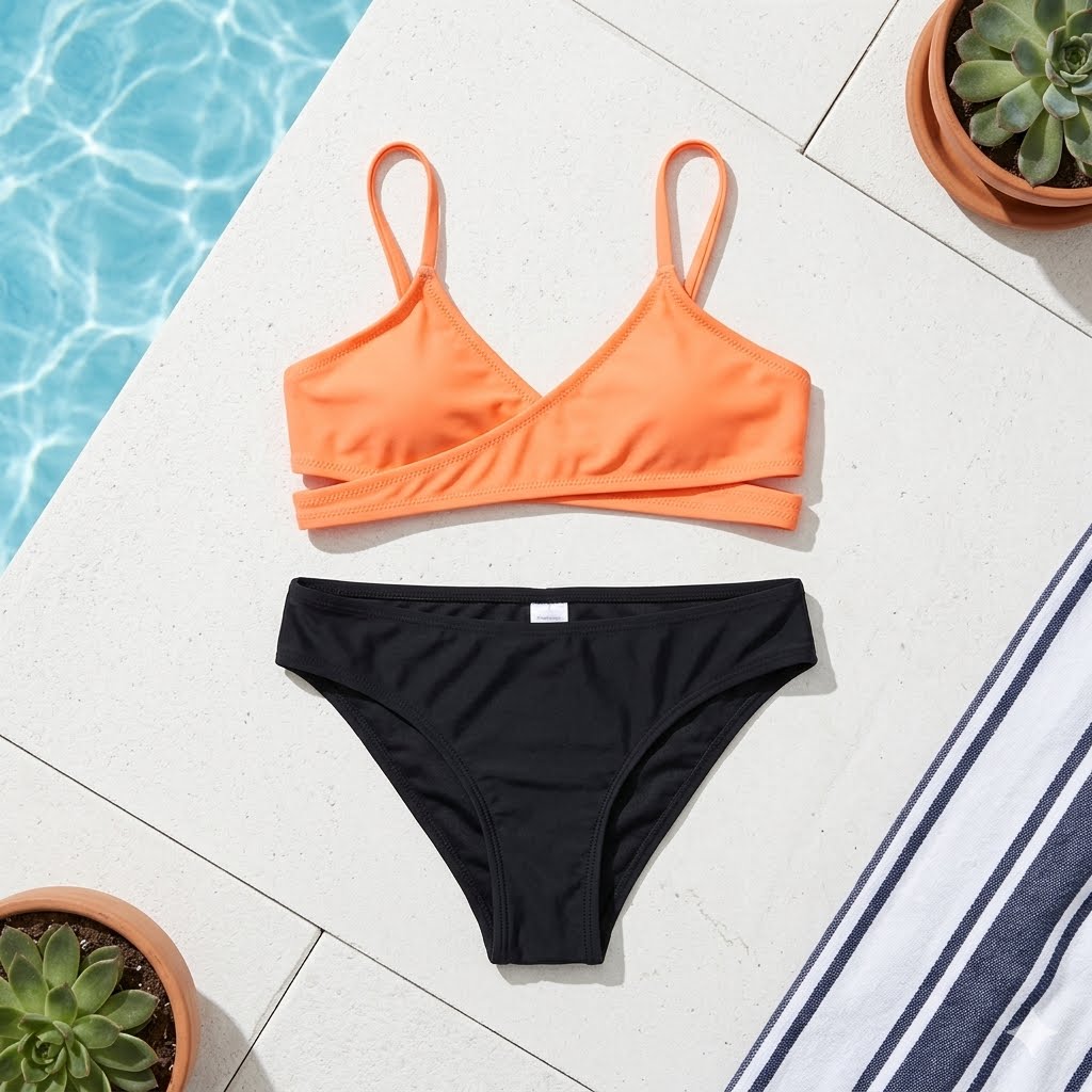 Maillot de bain 2 pièces ado/fille bicolore – Haut Orange Croisé et Culotte Noire