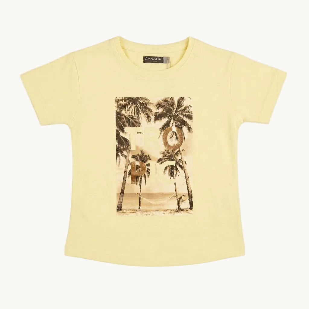 T-shirt jaune clair enfant imprimé photo palmiers « TROPIC »