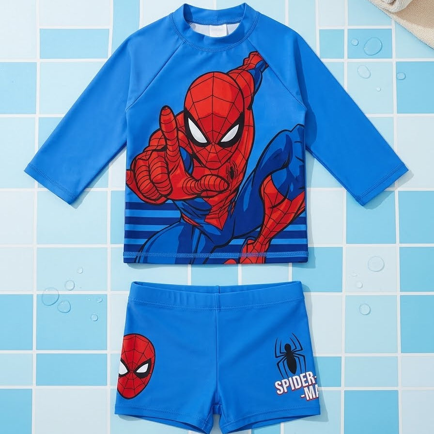 Ensemble de bain anti-UV enfant Spider-Man – T-shirt manches longues et Boxer – Bleu Roi