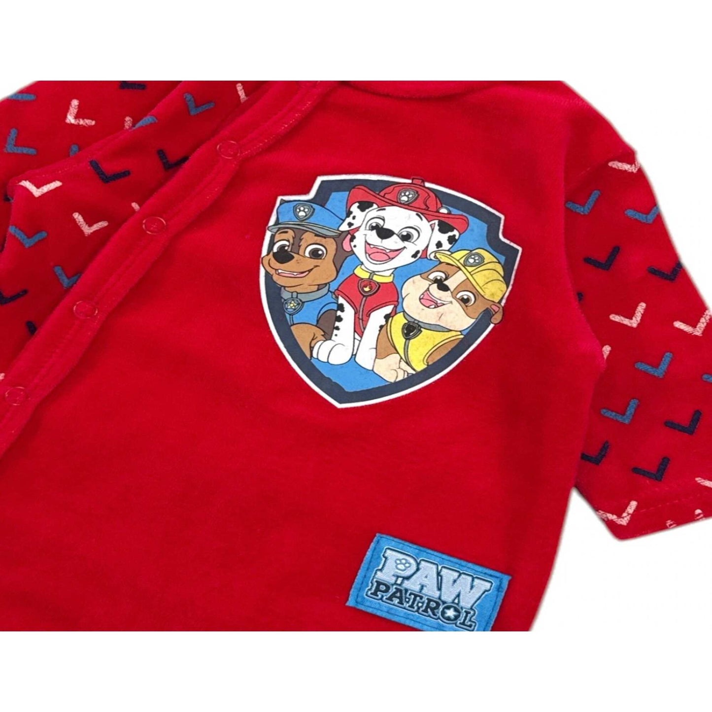 Pyjama grenouillère Patrouille Canine pour bébé – Dors-bien en velours rouge avec Chase, Marcus et Ruben