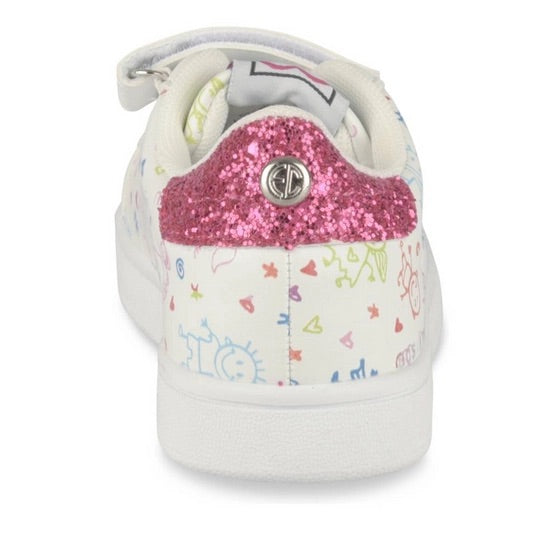 Baskets Blanches Fille Enrico Coveri – Motifs Dessins Enfants & Talon Pailleté Rose
