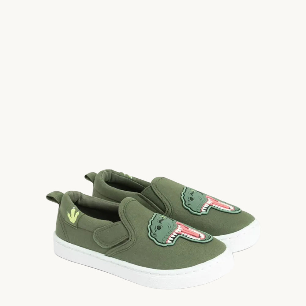 Baskets Slip-On Enfant Cool Club – Vert Kaki à Scratch Motif Dinosaure T-Rex