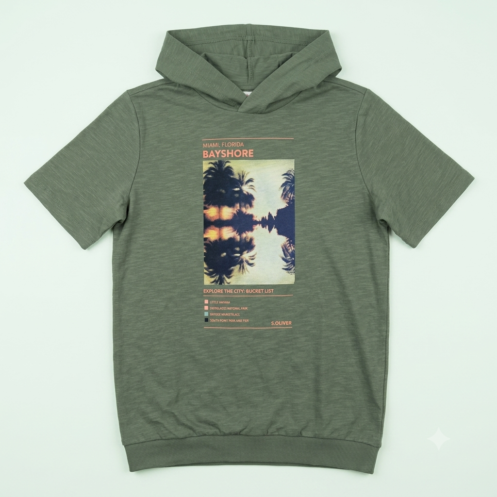 T-shirt à capuche manches courtes vert kaki imprimé "Bayshore Miami"