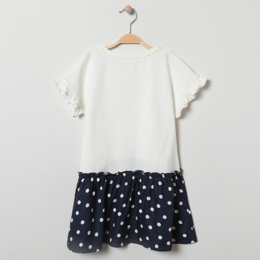 Robe bi-matière Fille blanche et bleu marine à pois - Motif Danseuse