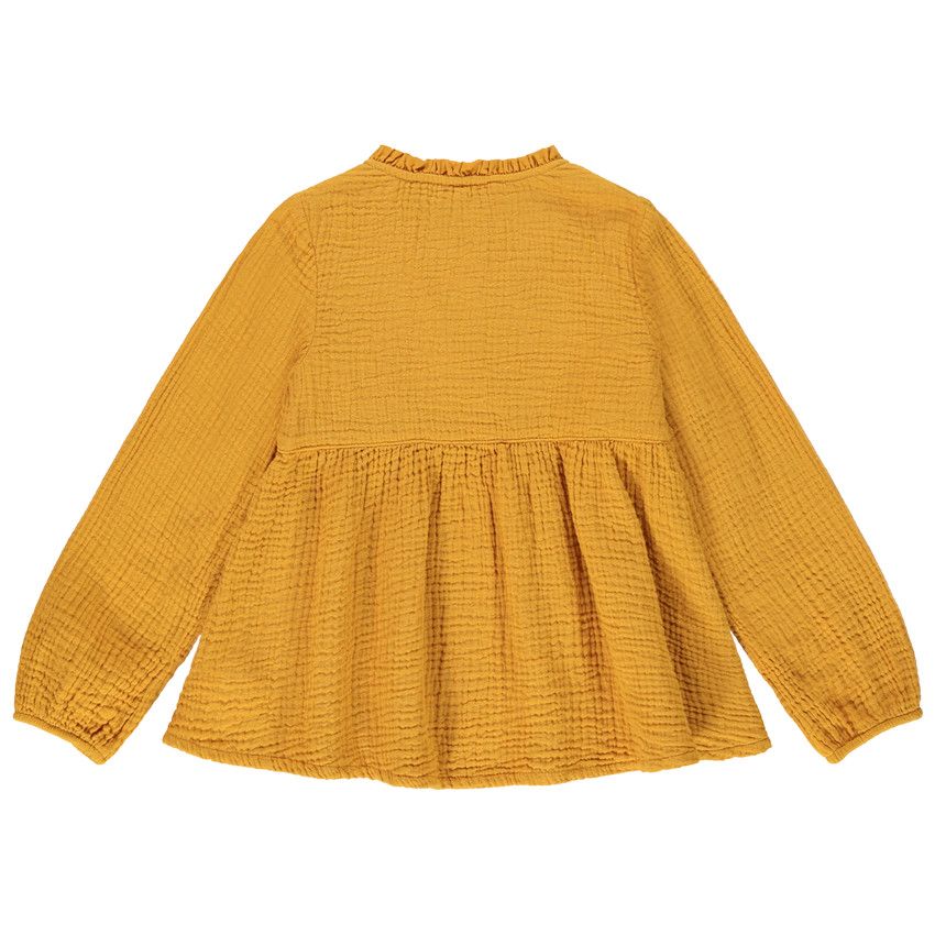 Blouse en double gaze de coton jaune moutarde pour fille - Plastron brodé