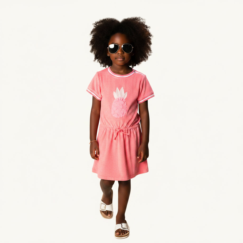 Robe de plage fille en éponge rose corail - Motif Ananas
