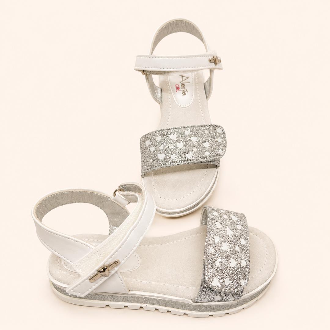 Sandales Blanches et Paillettes Argentées pour Fille – Nu-pieds Cœurs Brillants