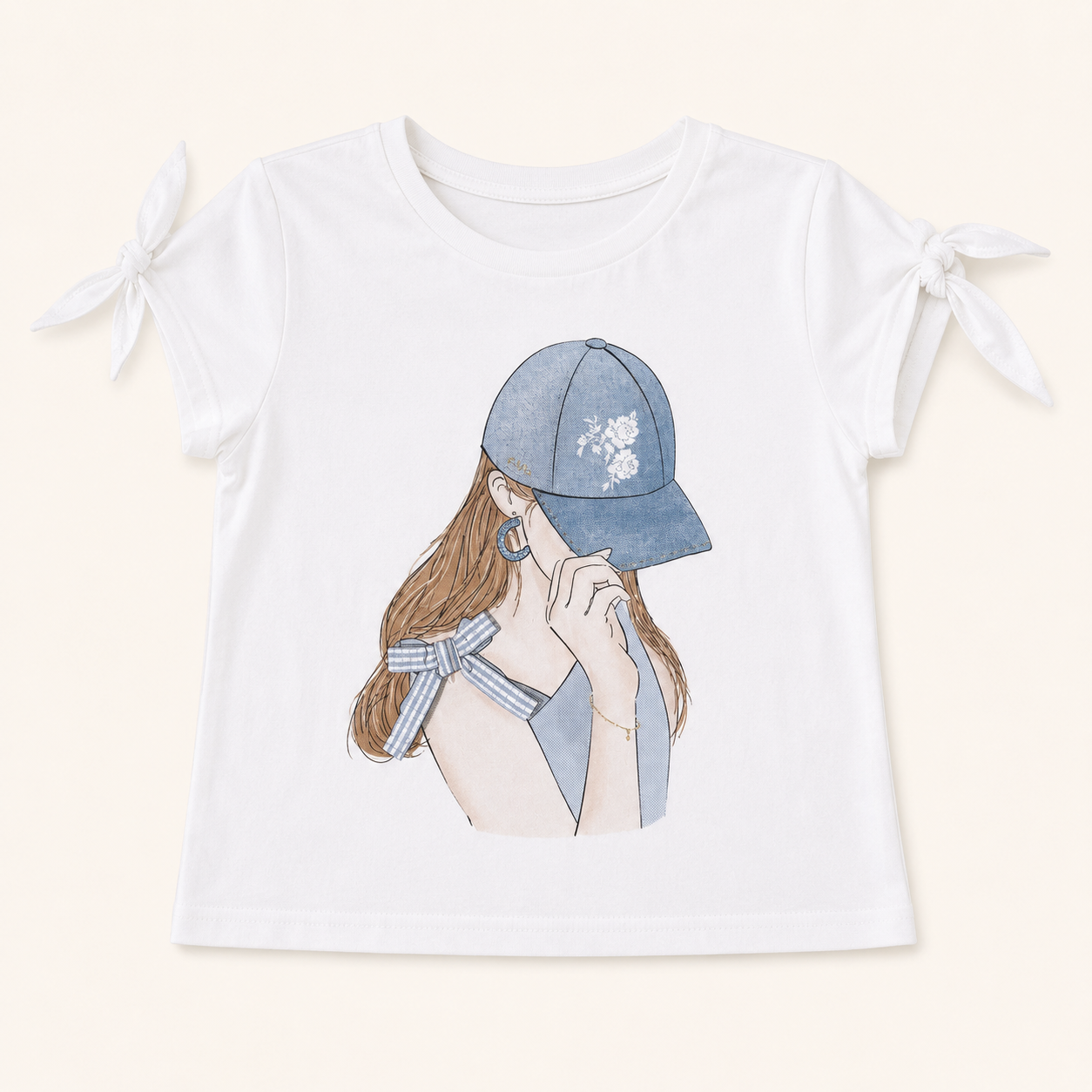 T-shirt blanc fille avec manches courtes à nouer