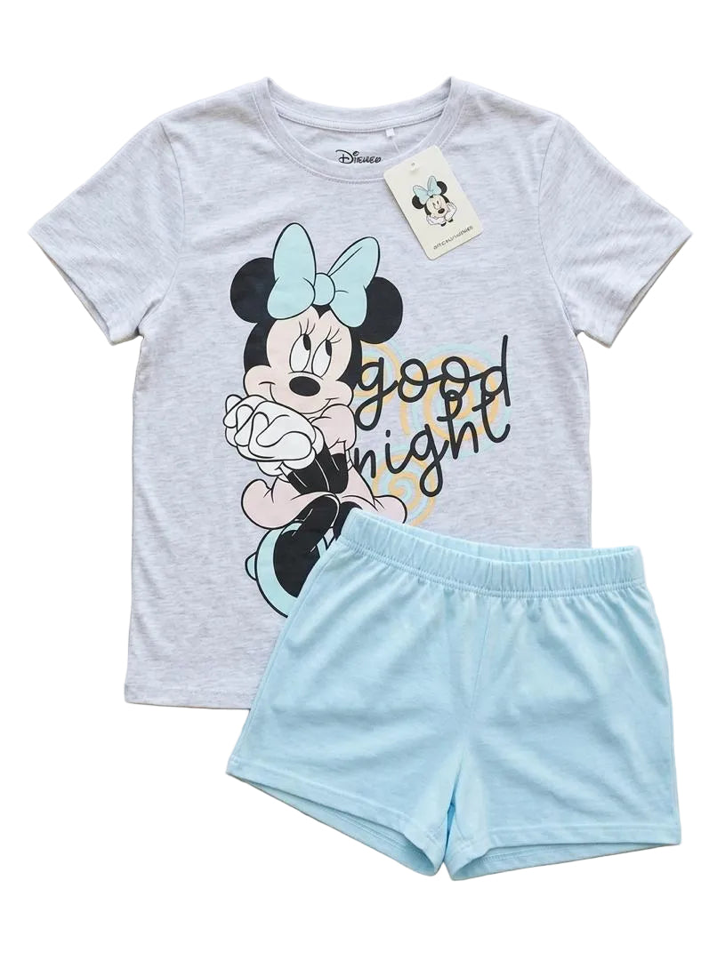 Pyjama court Minnie Mouse pour fille – Ensemble T-shirt gris chiné et short bleu ciel Disney