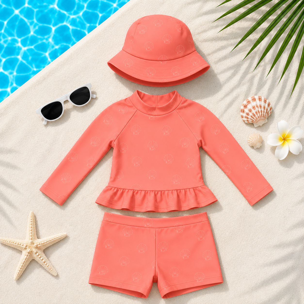 Ensemble de bain anti-UV enfant 3 pièces – T-shirt manches longues, Shorty et Bob – Rose Corail motifs Coquillages