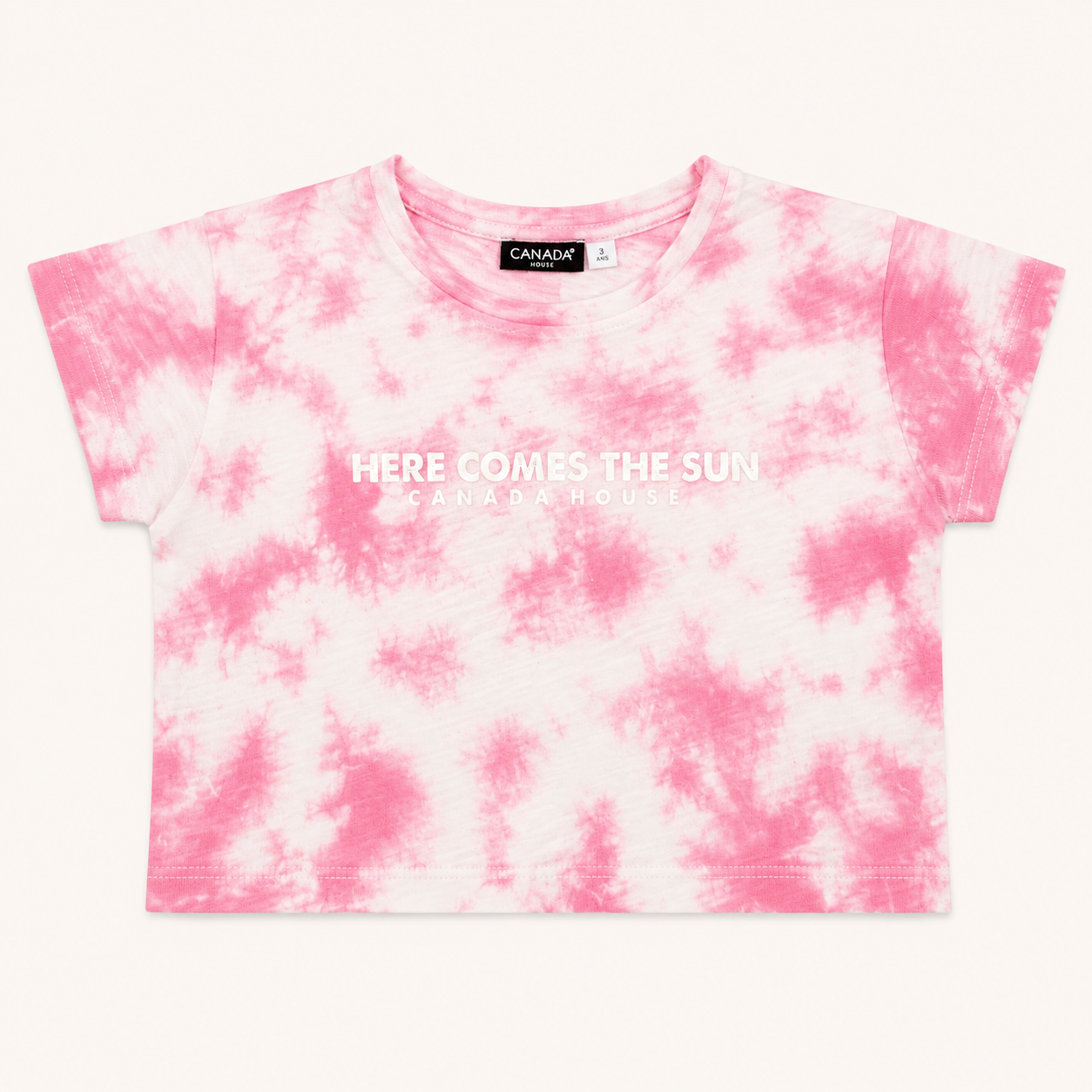 T-shirt court rose et blanc effet marbré à message