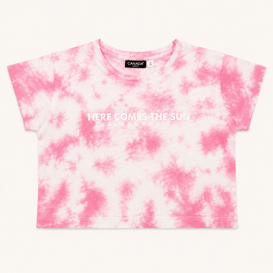 T-shirt court rose et blanc effet marbré à message