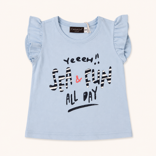 T-shirt bébé bleu ciel à manches volants « SEA & FUN »