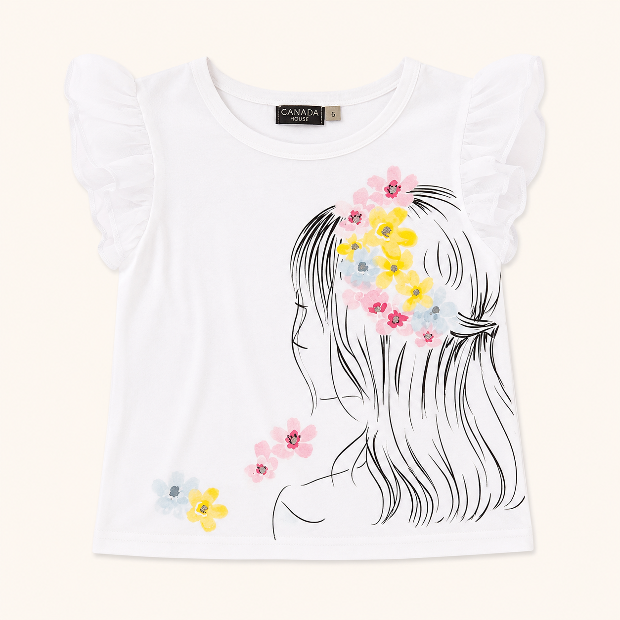 Haut blanc en coton avec illustration couronne de fleurs