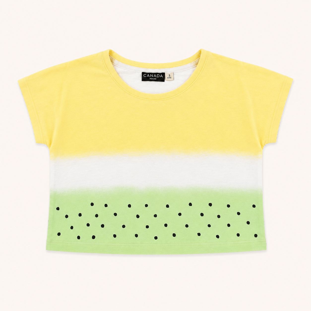 T-shirt court tricolore jaune, blanc et vert à pois