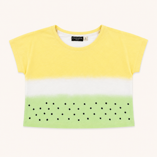 T-shirt court tricolore jaune, blanc et vert à pois