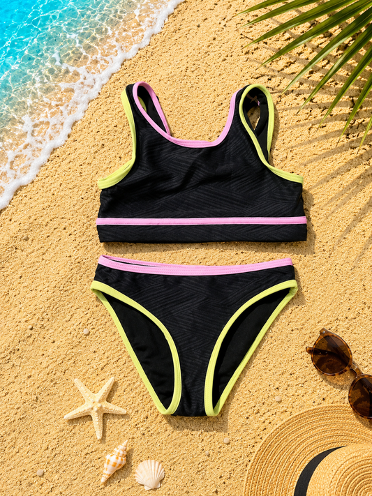 Ensemble maillot de bain deux pièces ado noir texturé découpe dos fluo