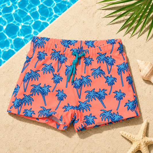 Boxer de bain enfant Motifs Palmiers – Corail et Bleu