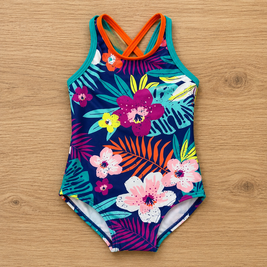 Maillot de bain 1 pièce fille Tropical Fluo – Bleu Marine et Bretelles Croisées