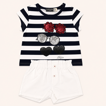 Ensemble t-shirt marinière à paillettes et short blanc - Bébé fille - Canada House