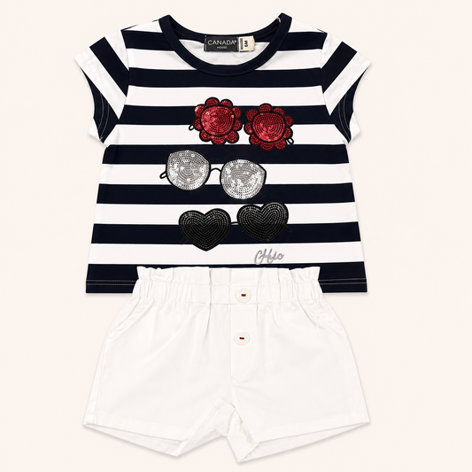 Ensemble t-shirt marinière à paillettes et short blanc - Bébé fille - Canada House