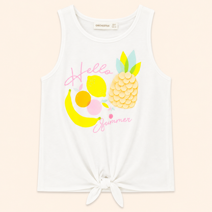 Débardeur Fille Blanc "Hello Summer" à Motif Fruits et Nœud Fantaisie