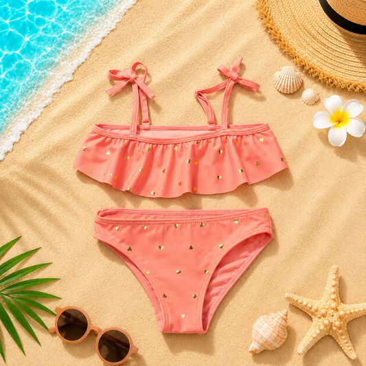 Ensemble maillot de bain deux pièces fille rose à volants et cœurs brillants