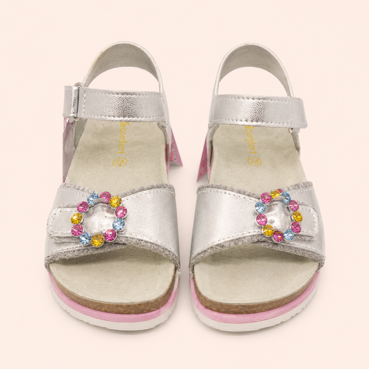 Sandales argentées à boucle strass multicolores - Fille - Bio Comfort