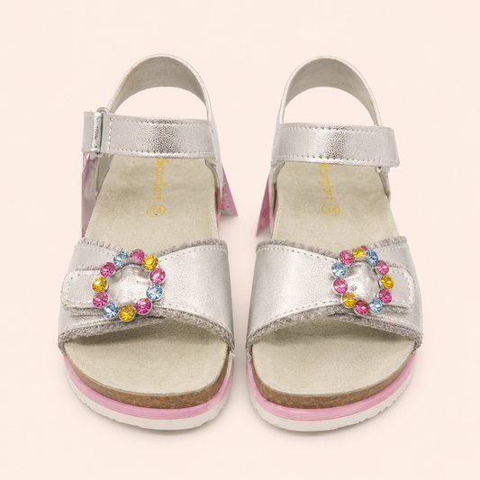 Sandales argentées à boucle strass multicolores - Fille - Bio Comfort