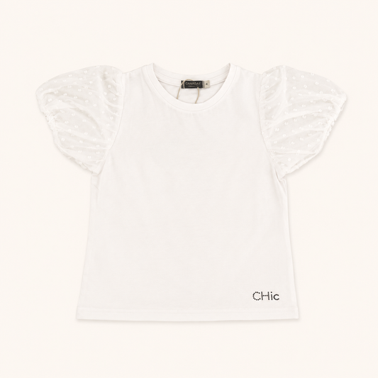 T-shirt blanc fille à manches ballons en tulle plumetis